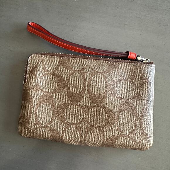 Coach Orange Leather Stripe Tan Coated Canvas Corner Zip Wristlet - Picture 6 of 9
